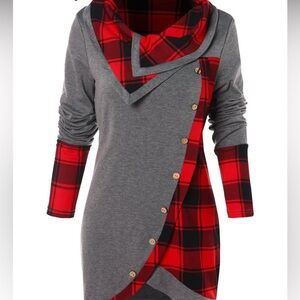 Plaid Accent Gray and Red Women's Long Sleeve Top